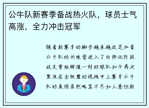 公牛队新赛季备战热火队，球员士气高涨，全力冲击冠军